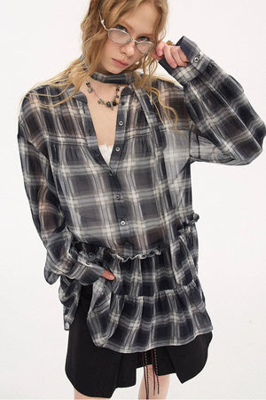 Plaid Drop Shoulder Ruffle Blouse