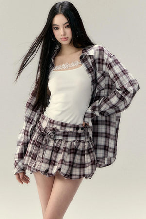 Plaid Fluffy Skirt & Shirt Set-Up