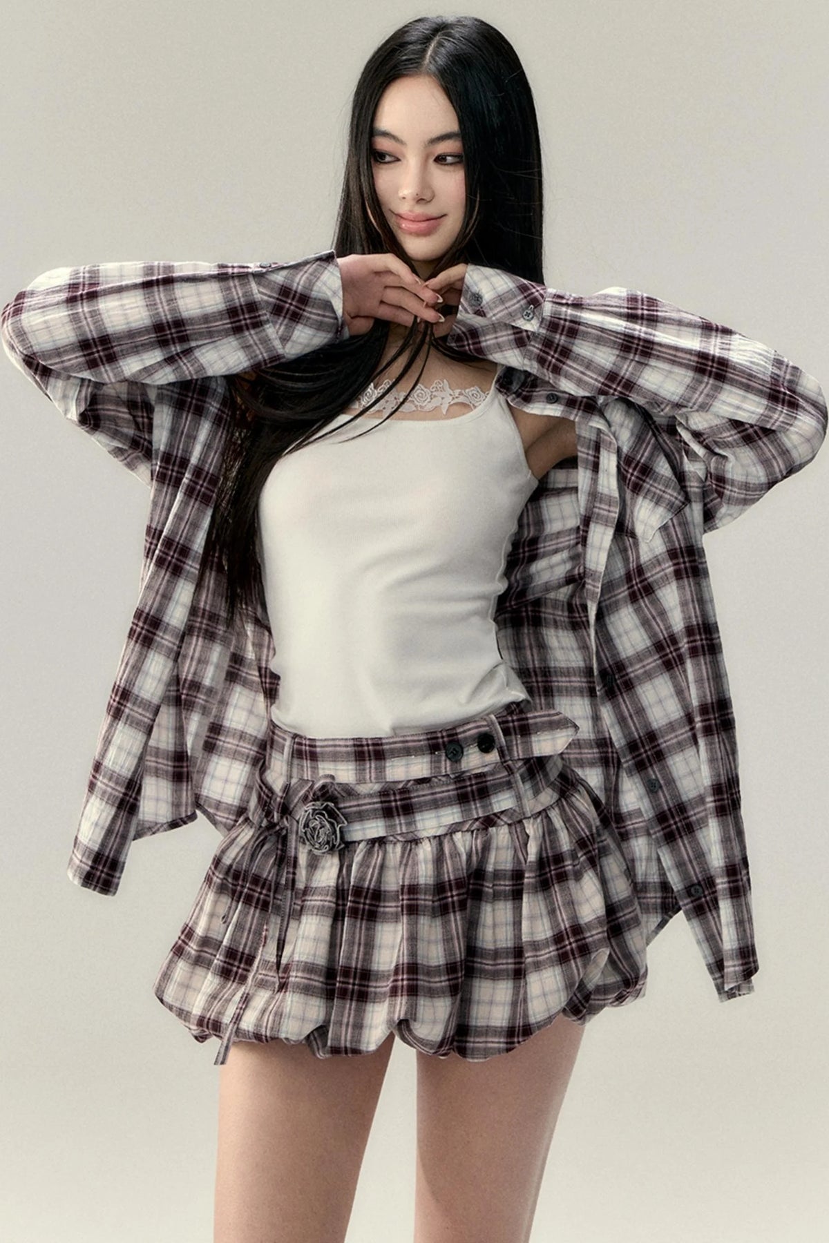 Plaid Fluffy Skirt & Shirt Set-Up