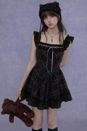 Plaid Flutter Sleeve Dress Set