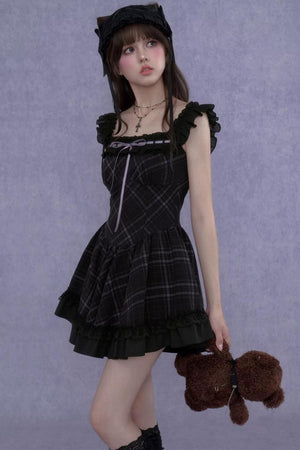 Plaid Flutter Sleeve Dress Set