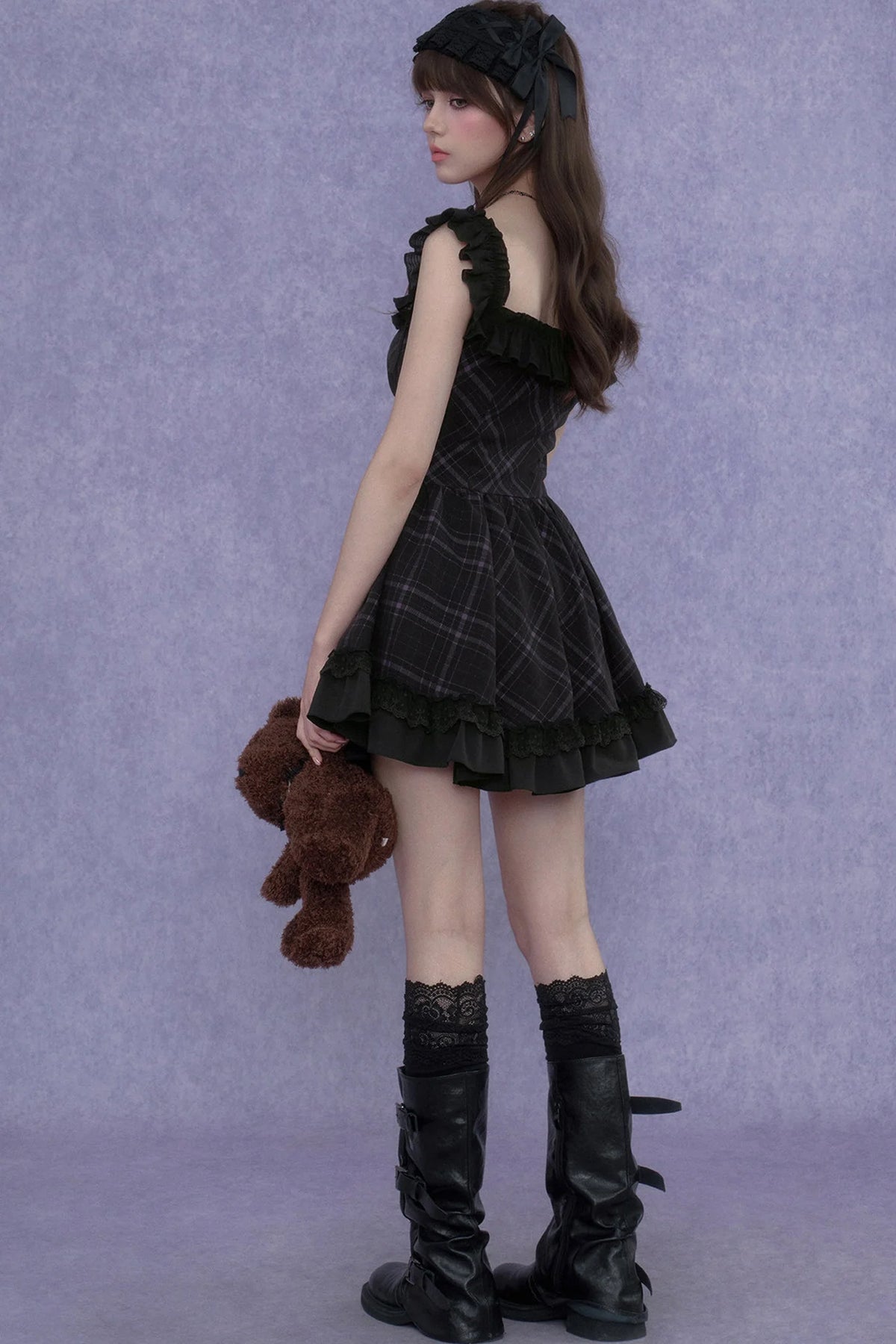 Plaid Flutter Sleeve Dress Set