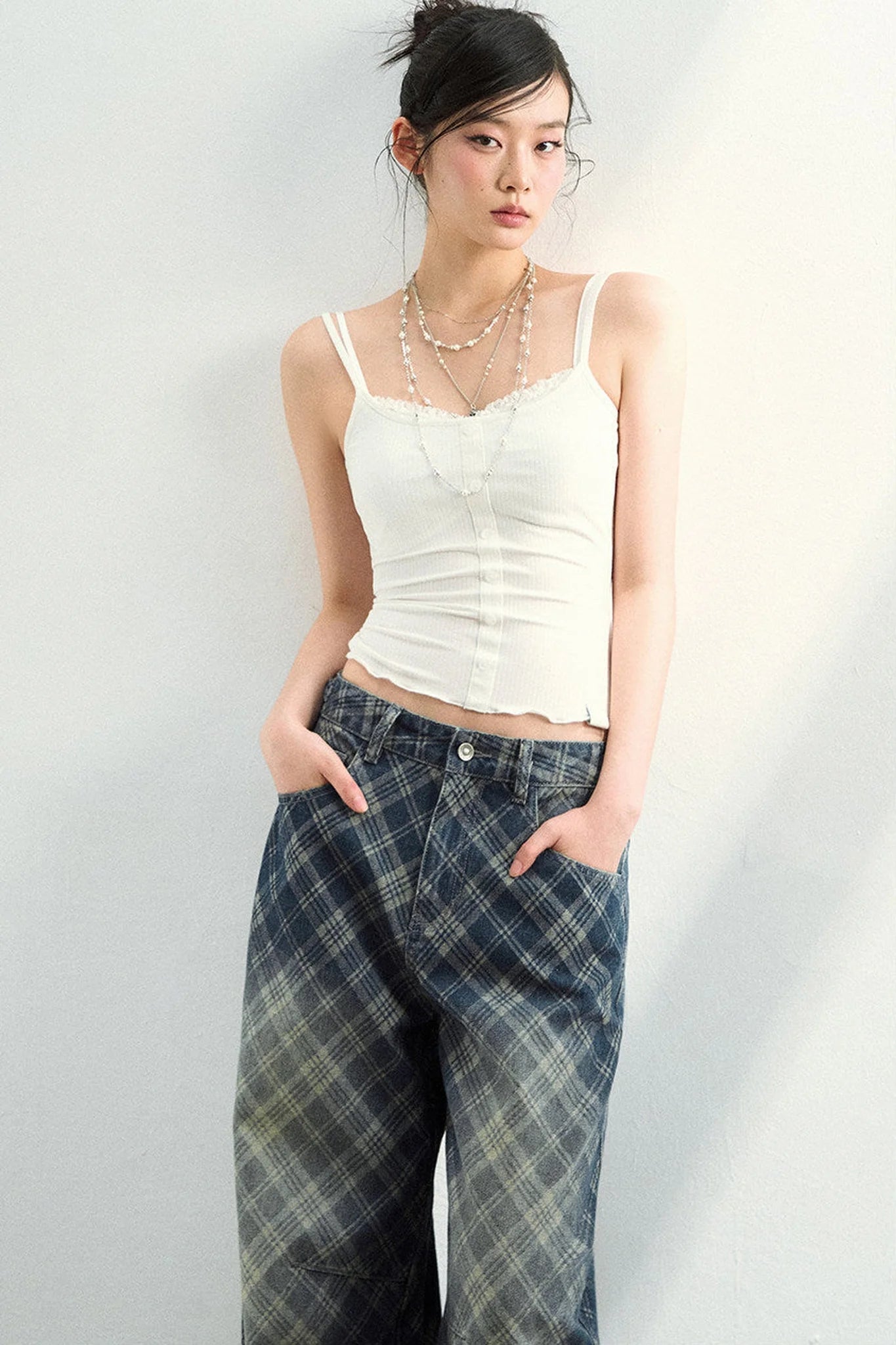 Plaid Gradient Denim Pants