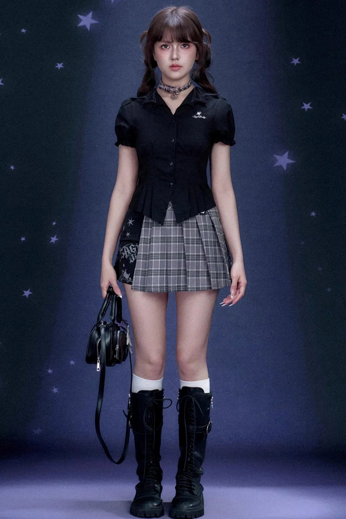 Plaid Graffiti Pleated Skirt Set-Up