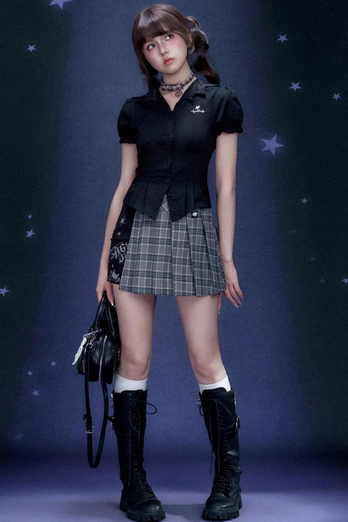Plaid Graffiti Pleated Skirt Set-Up