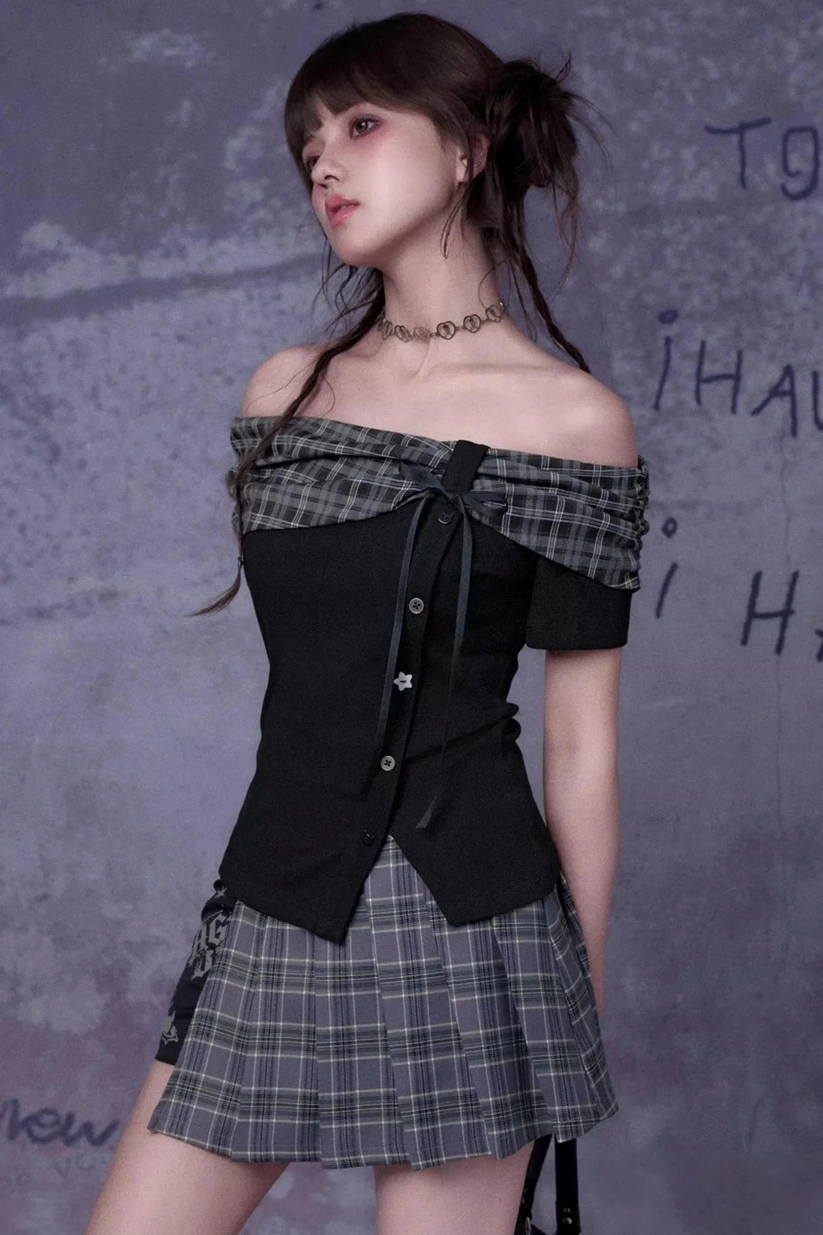 Plaid Graffiti Pleated Skirt Set-Up