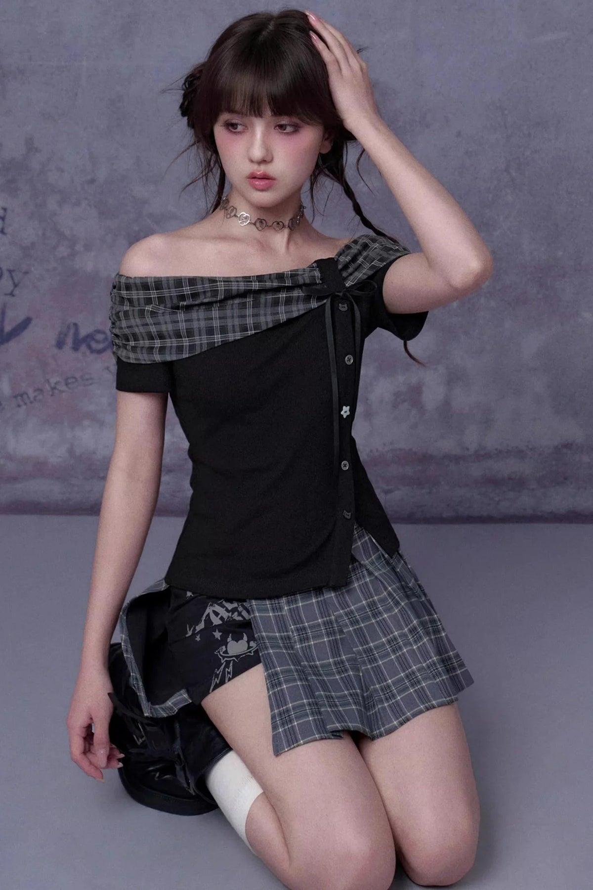 Plaid Graffiti Pleated Skirt Set-Up