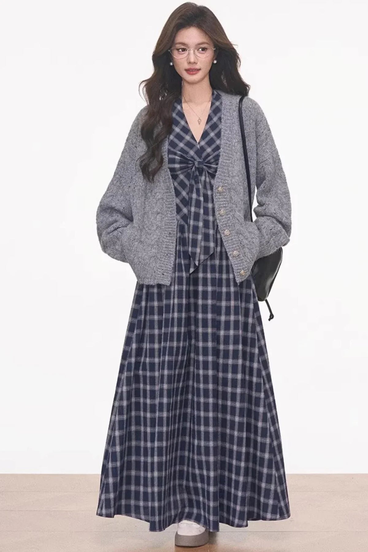 Plaid Halter Dress & Knitted Cardigan Set-Up
