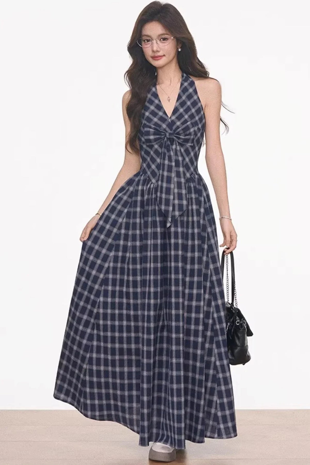 Plaid Halter Dress & Knitted Cardigan Set-Up