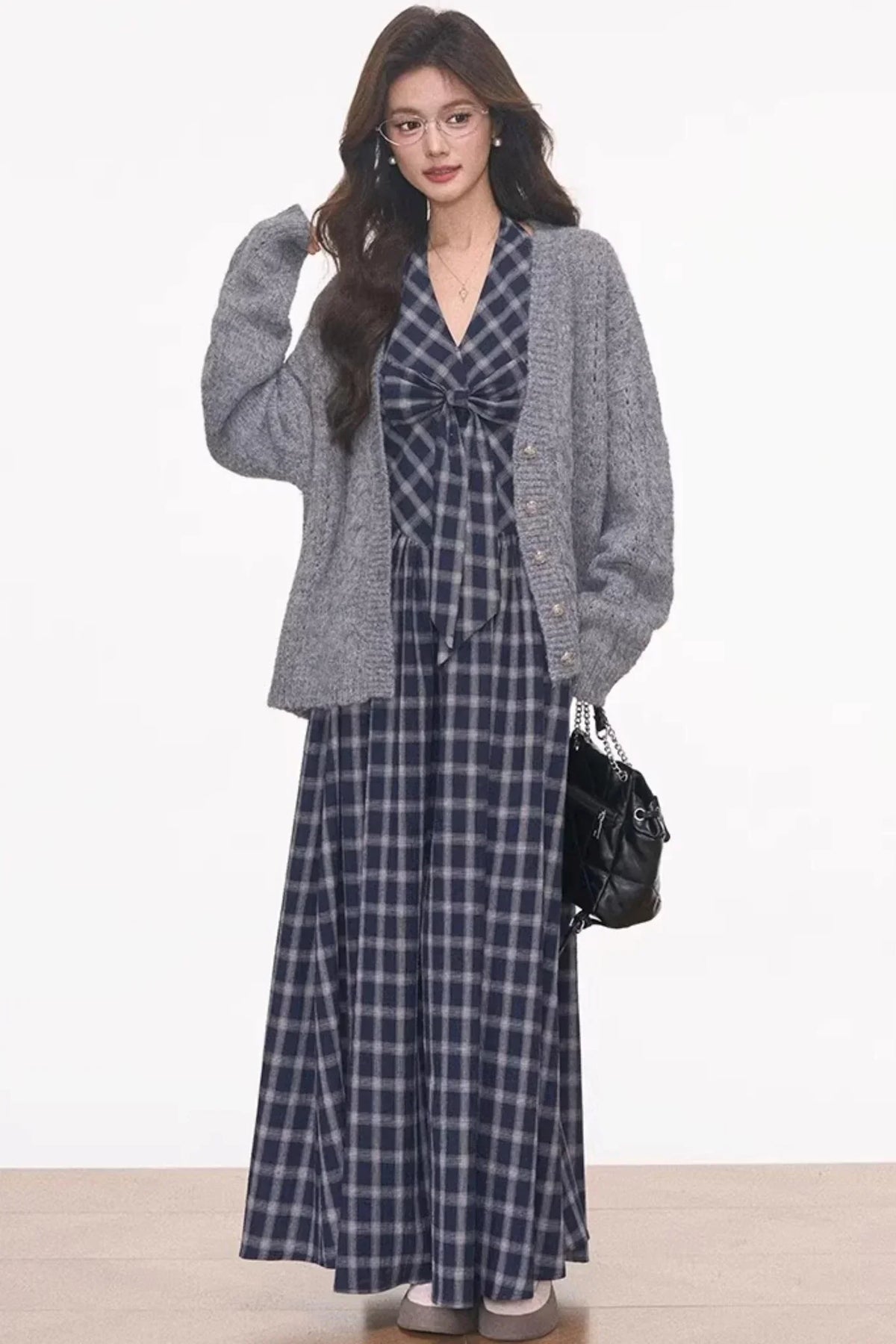 Plaid Halter Dress & Knitted Cardigan Set-Up