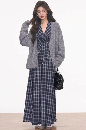 Plaid Halter Dress & Knitted Cardigan Set-Up