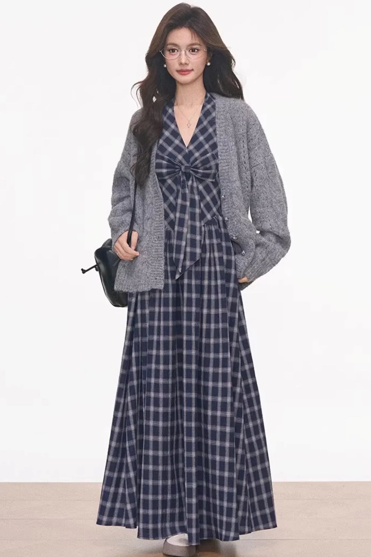 Plaid Halter Dress & Knitted Cardigan Set-Up