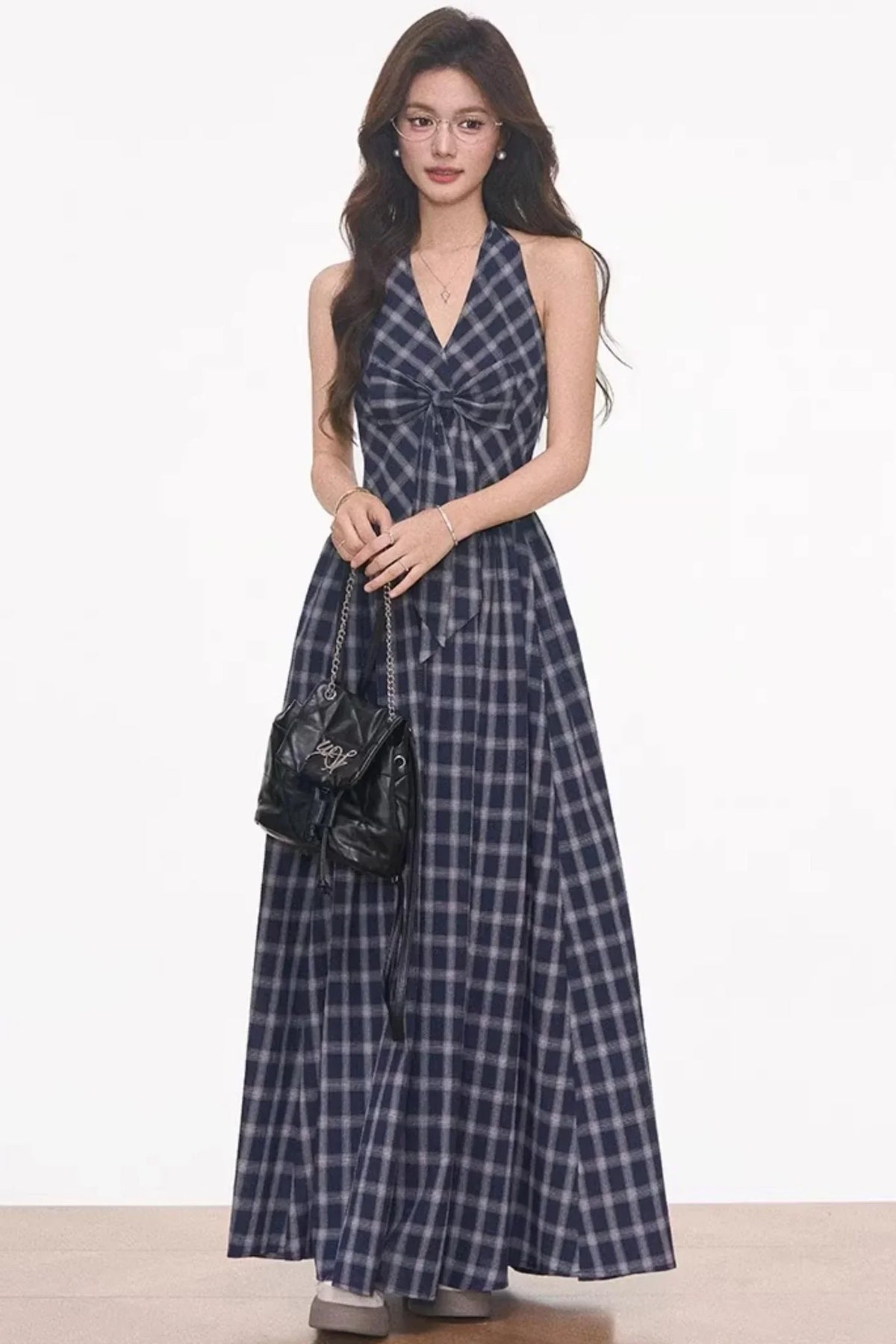 Plaid Halter Dress & Knitted Cardigan Set-Up
