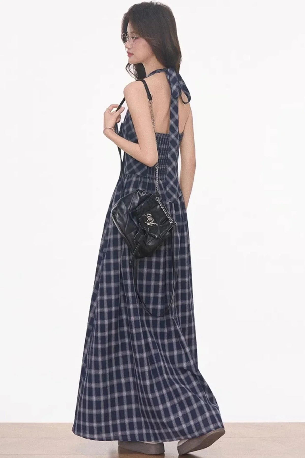 Plaid Halter Dress & Knitted Cardigan Set-Up