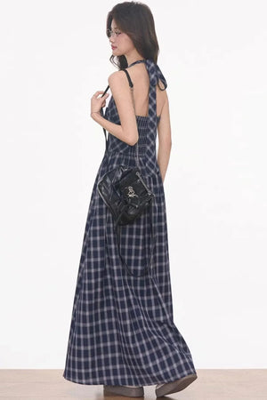 Plaid Halter Dress & Knitted Cardigan Set-Up