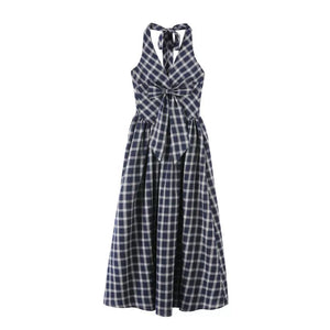 Plaid Halter Dress & Knitted Cardigan Set-Up