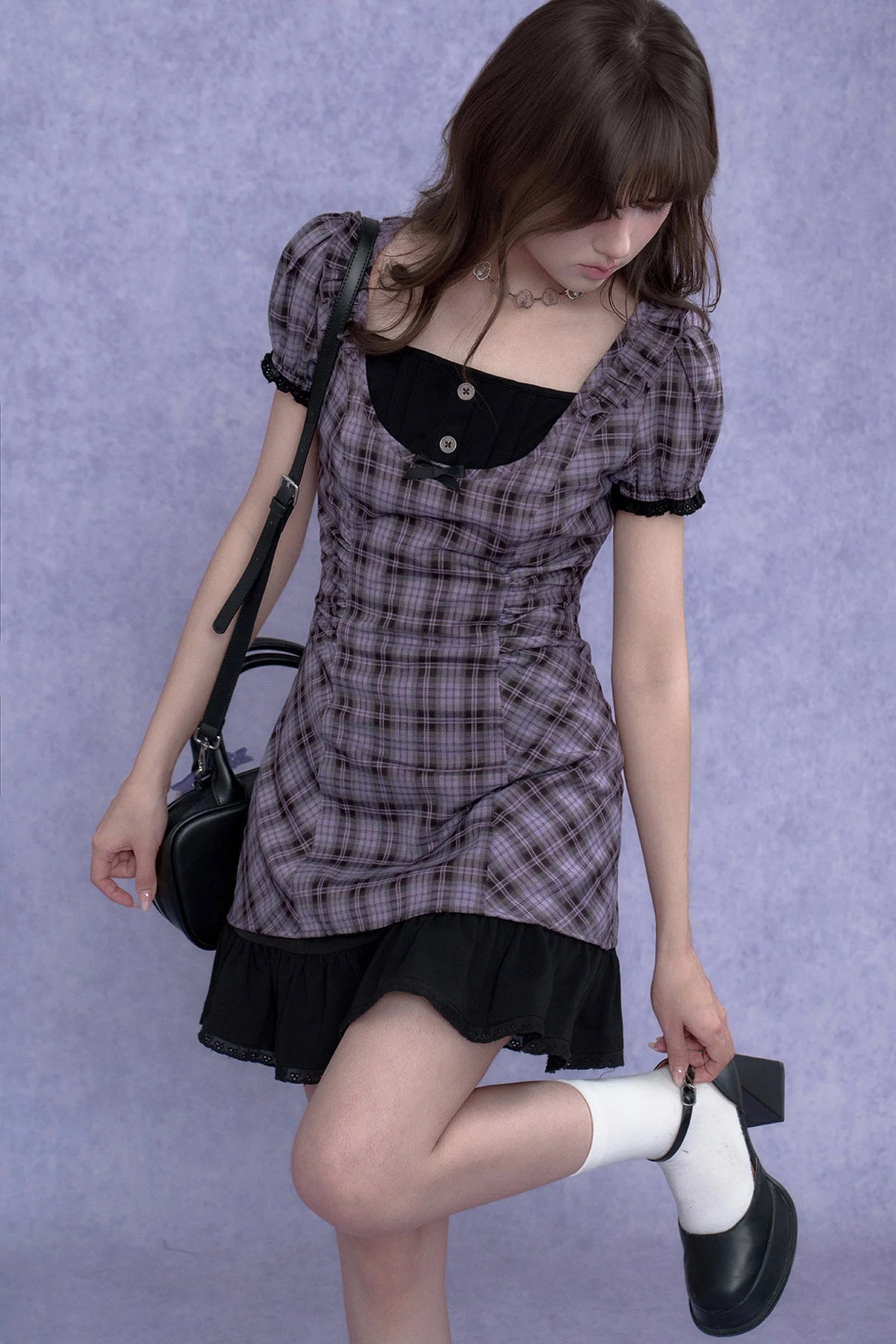 Plaid Halter Neck Fake Two-Piece Dress