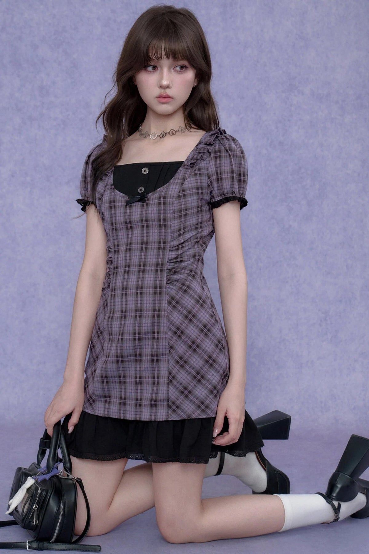Plaid Halter Neck Fake Two-Piece Dress