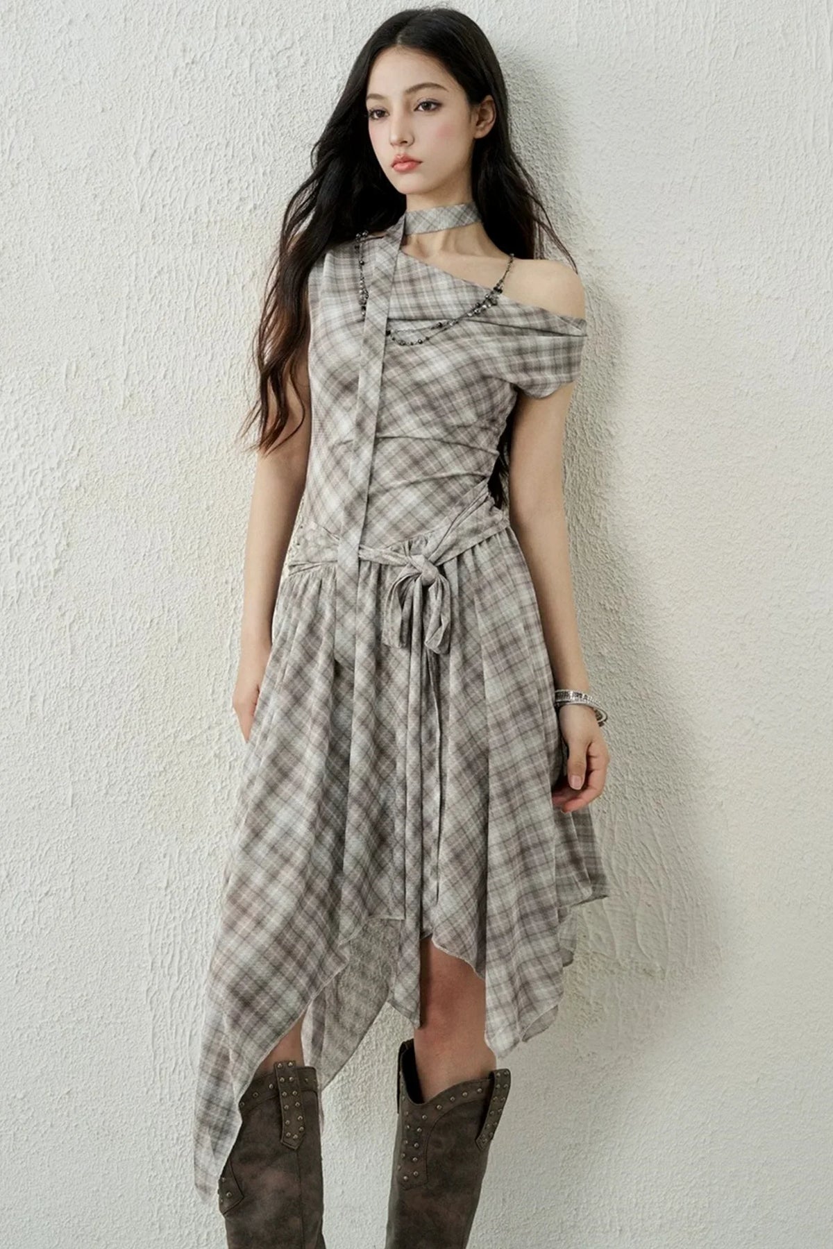 Plaid Irregular-Hem Dress