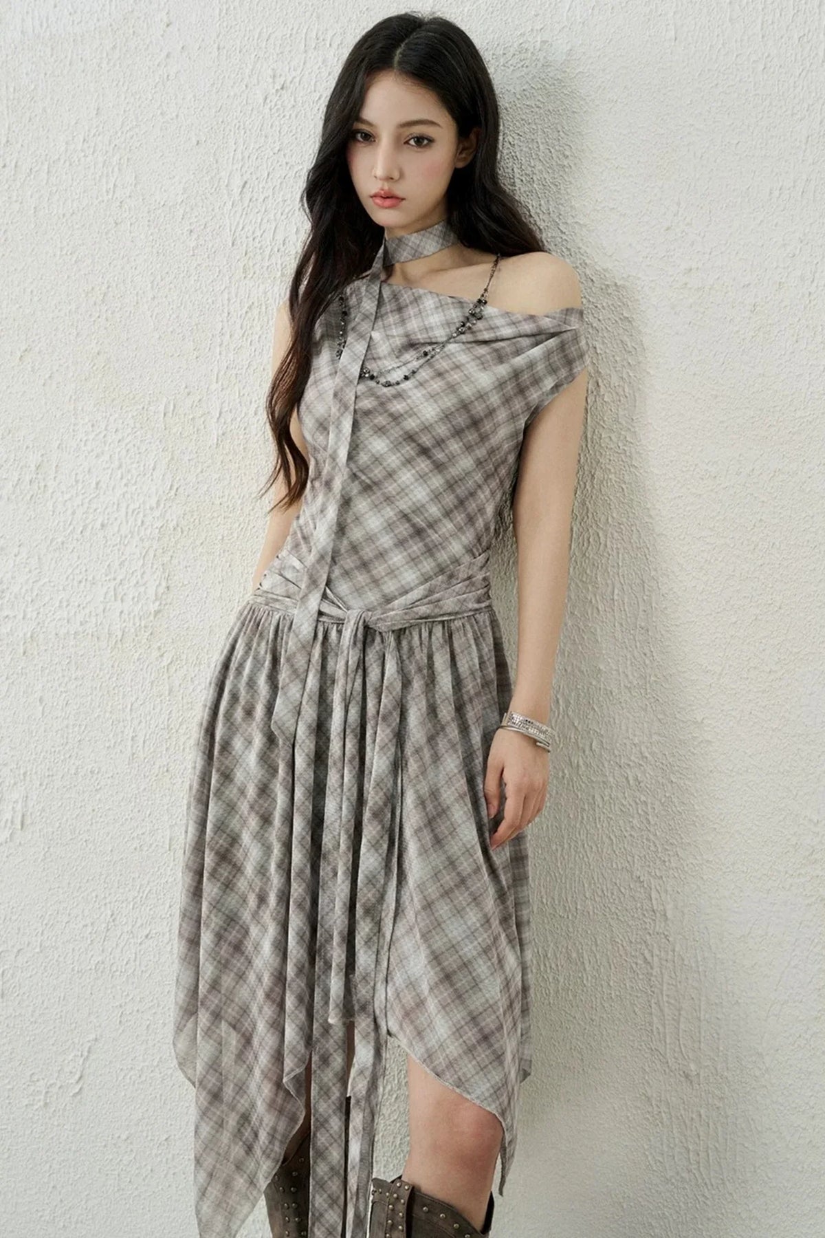 Plaid Irregular-Hem Dress