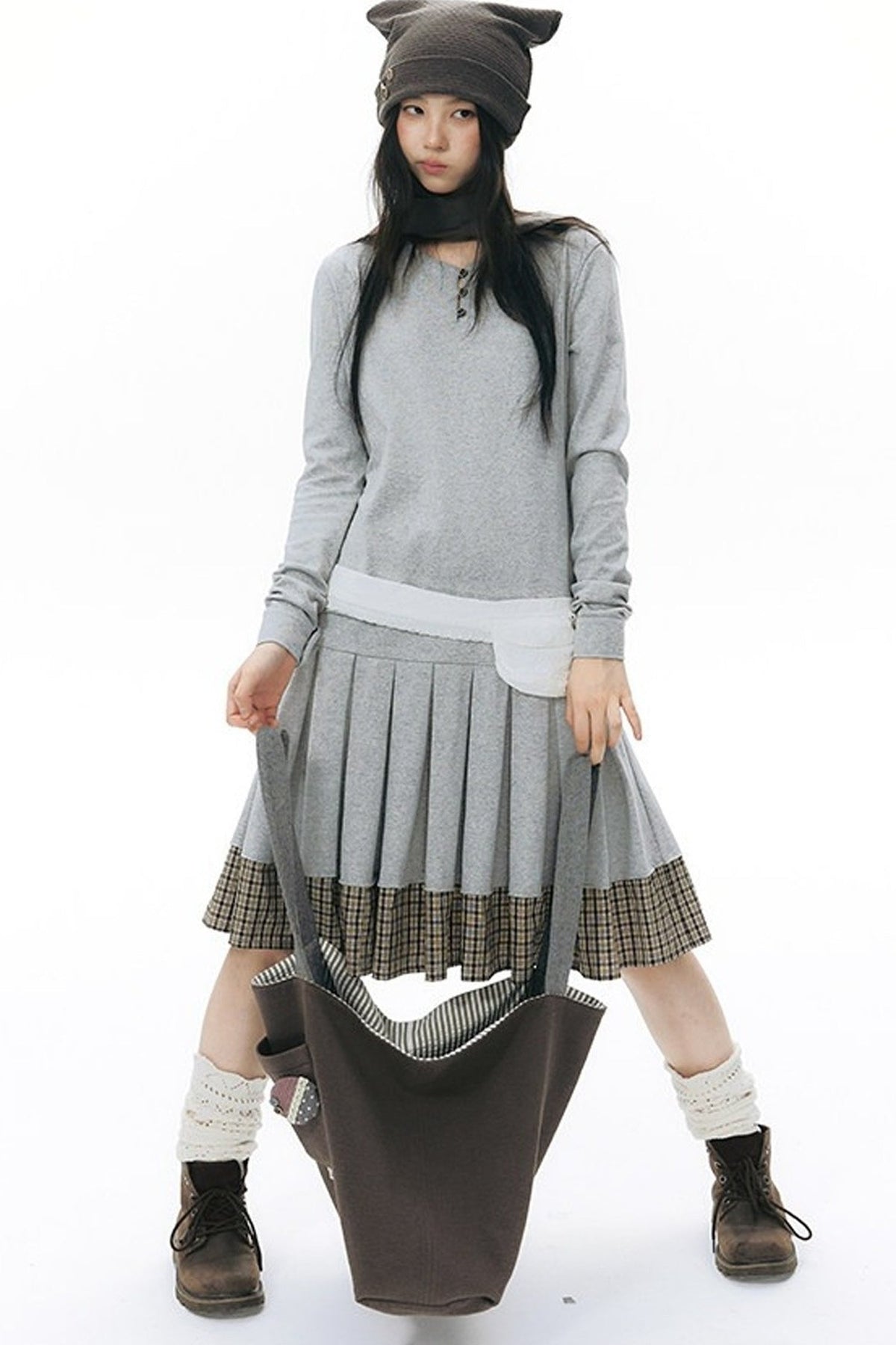 Plaid Knit Pleated Dress