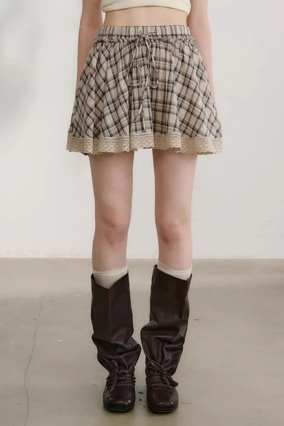 Plaid Lace Pleated Skirt
