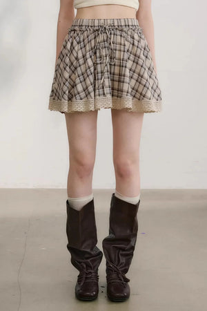Plaid Lace Pleated Skirt