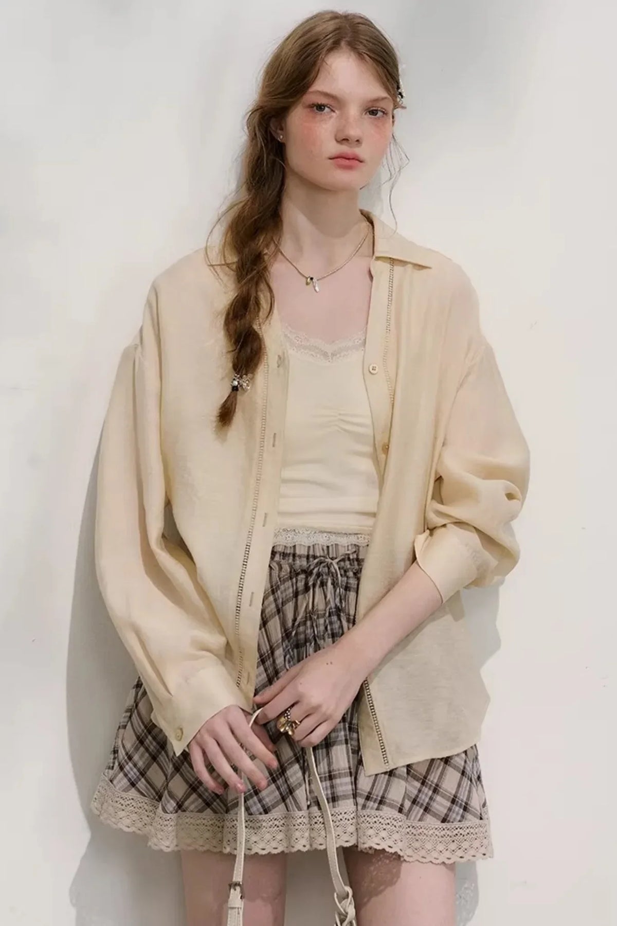 Plaid Lace Pleated Skirt