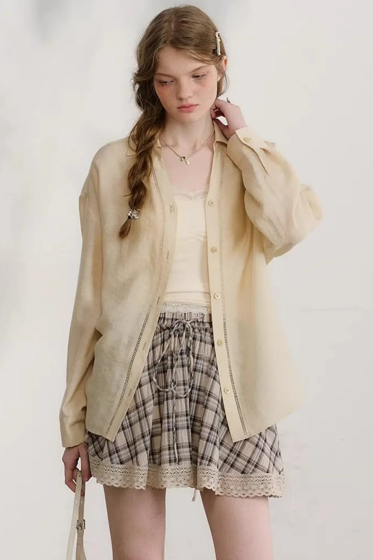 Plaid Lace Pleated Skirt
