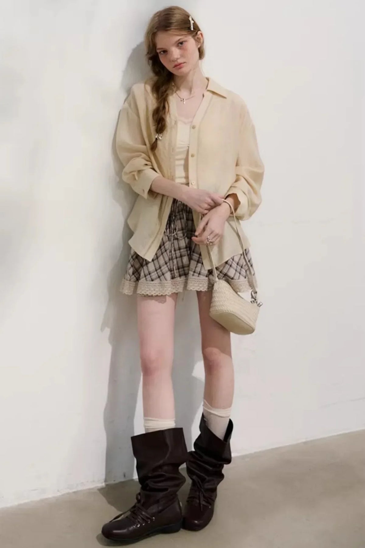 Plaid Lace Pleated Skirt