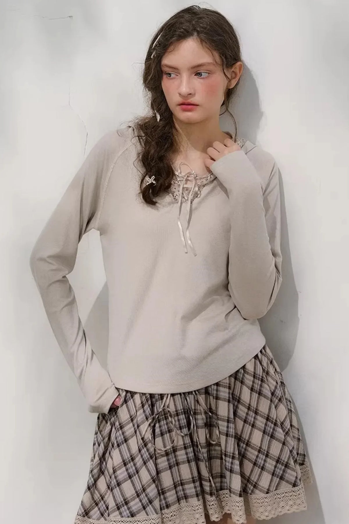 Plaid Lace Pleated Skirt