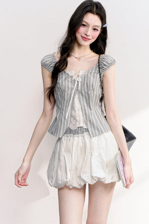 Plaid Lace Spliced Top and Skirt Set