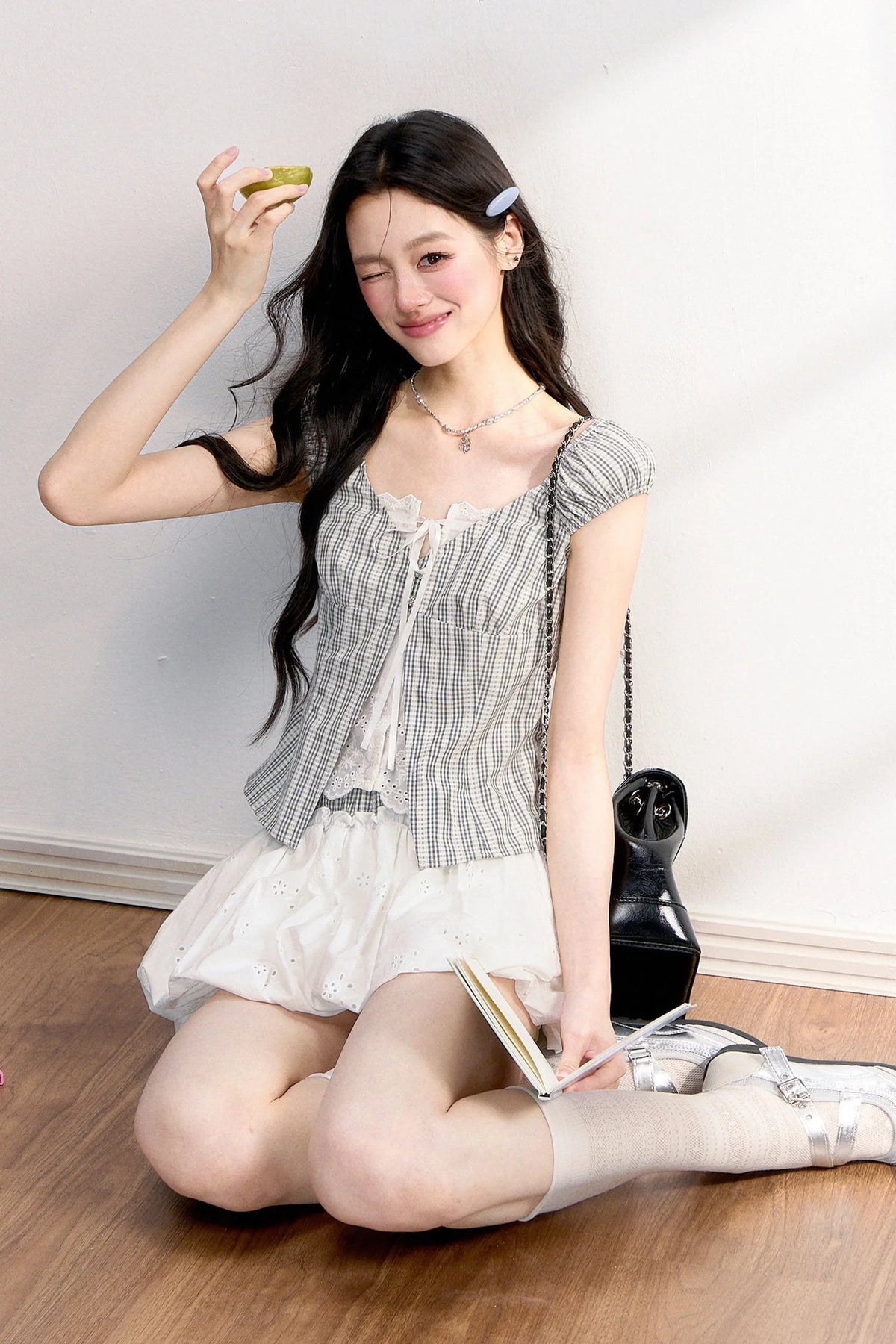 Plaid Lace Spliced Top and Skirt Set