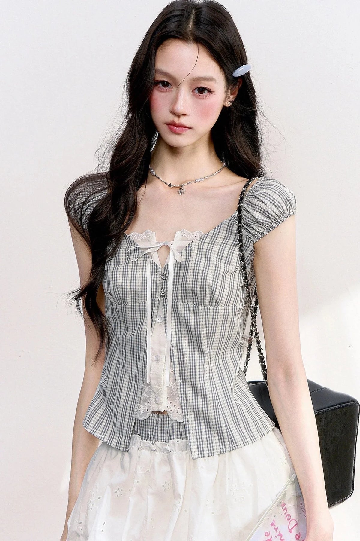 Plaid Lace Spliced Top and Skirt Set