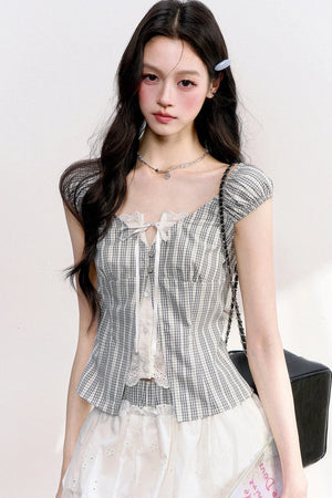 Plaid Lace Spliced Top and Skirt Set