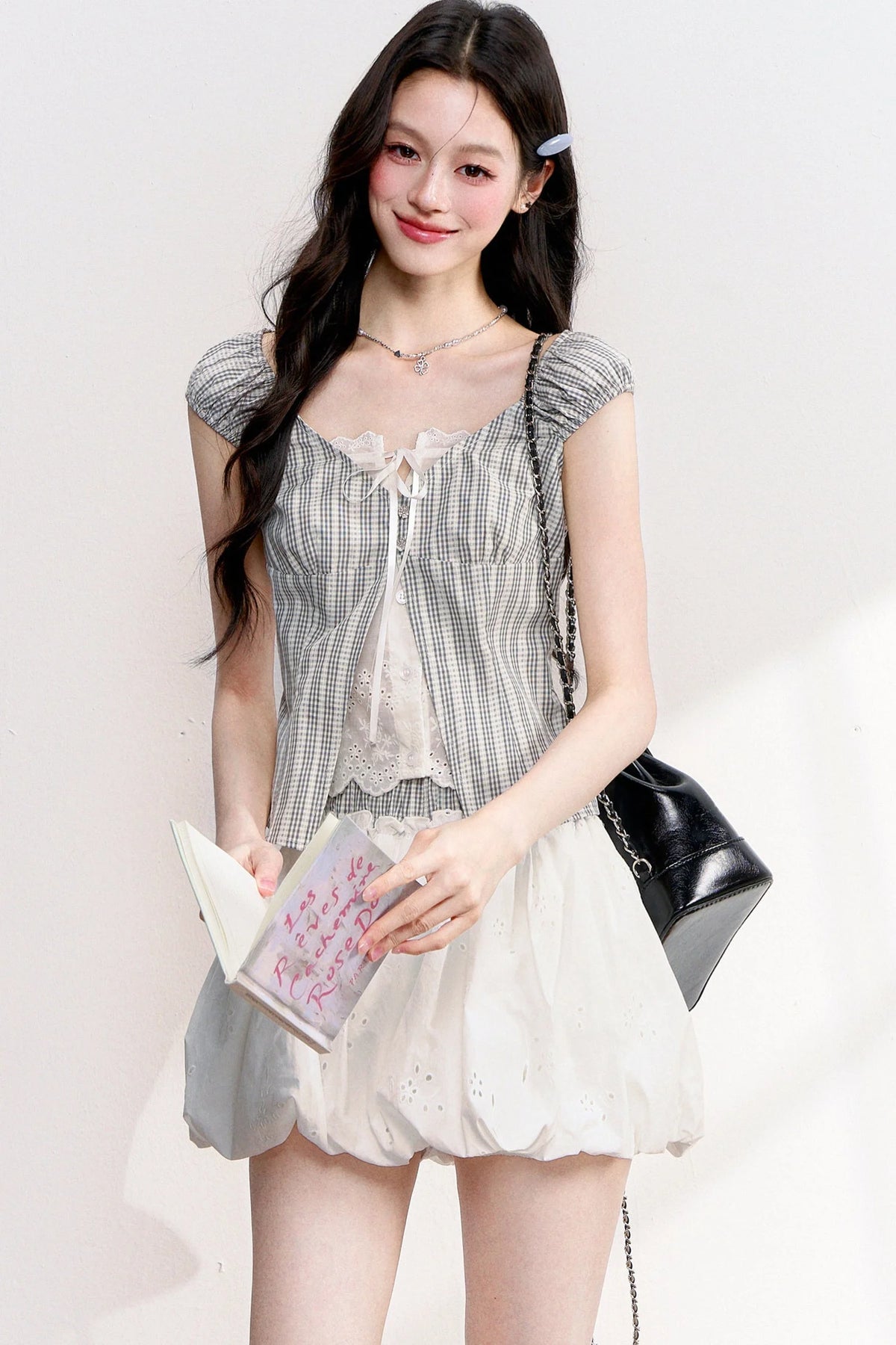 Plaid Lace Spliced Top and Skirt Set