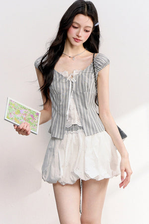 Plaid Lace Spliced Top and Skirt Set
