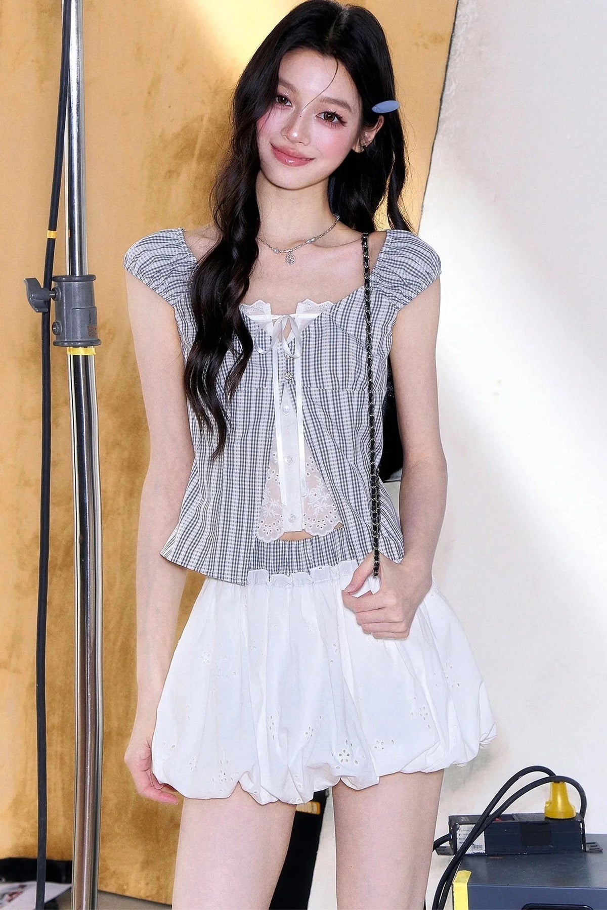 Plaid Lace Spliced Top and Skirt Set