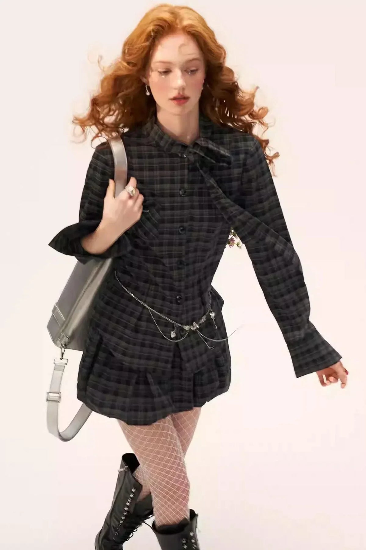 Plaid Lace-Up Blouse Set-Up
