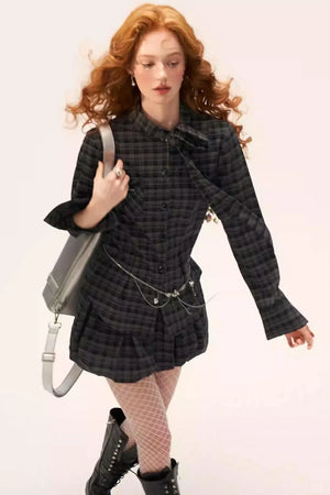 Plaid Lace-Up Blouse Set-Up