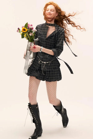 Plaid Lace-Up Blouse Set-Up
