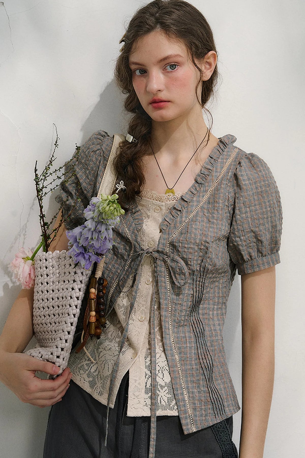 Plaid Lace Vintage Blouse