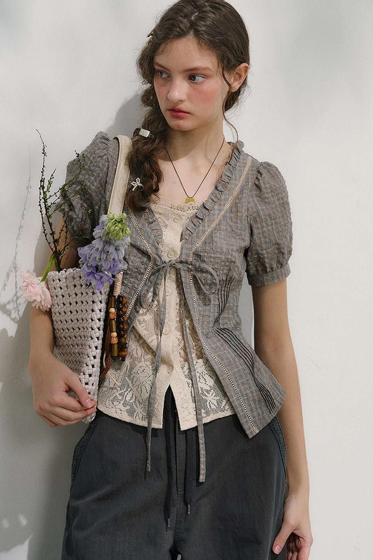 Plaid Lace Vintage Blouse