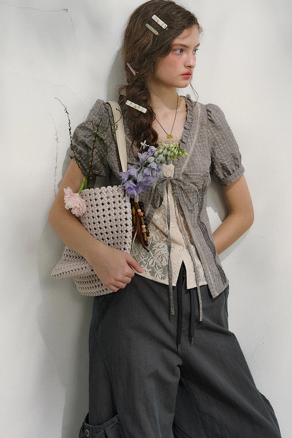 Plaid Lace Vintage Blouse