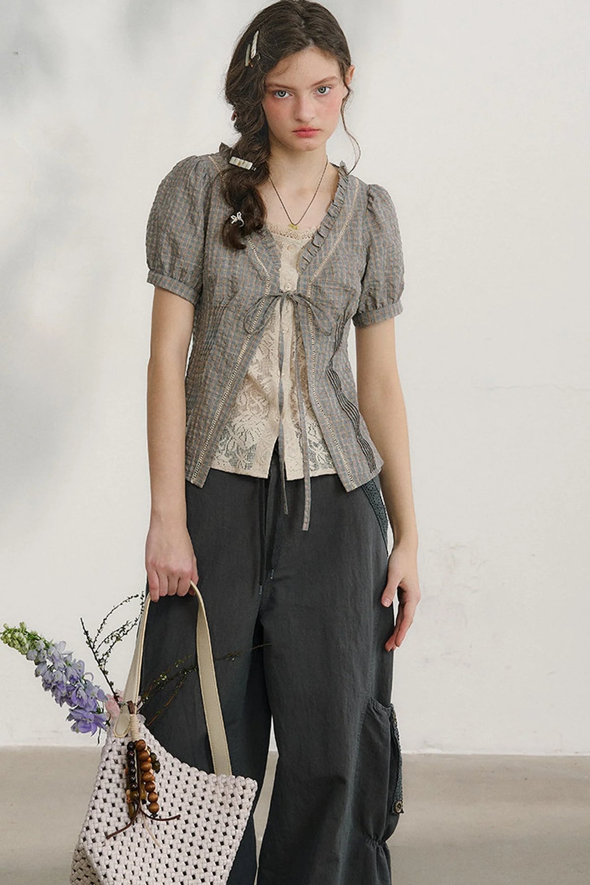 Plaid Lace Vintage Blouse