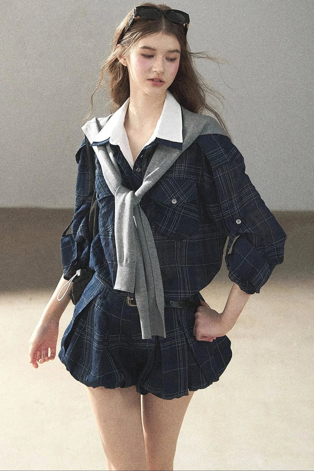Plaid Layered-Look Shirt And Shorts Set-Up