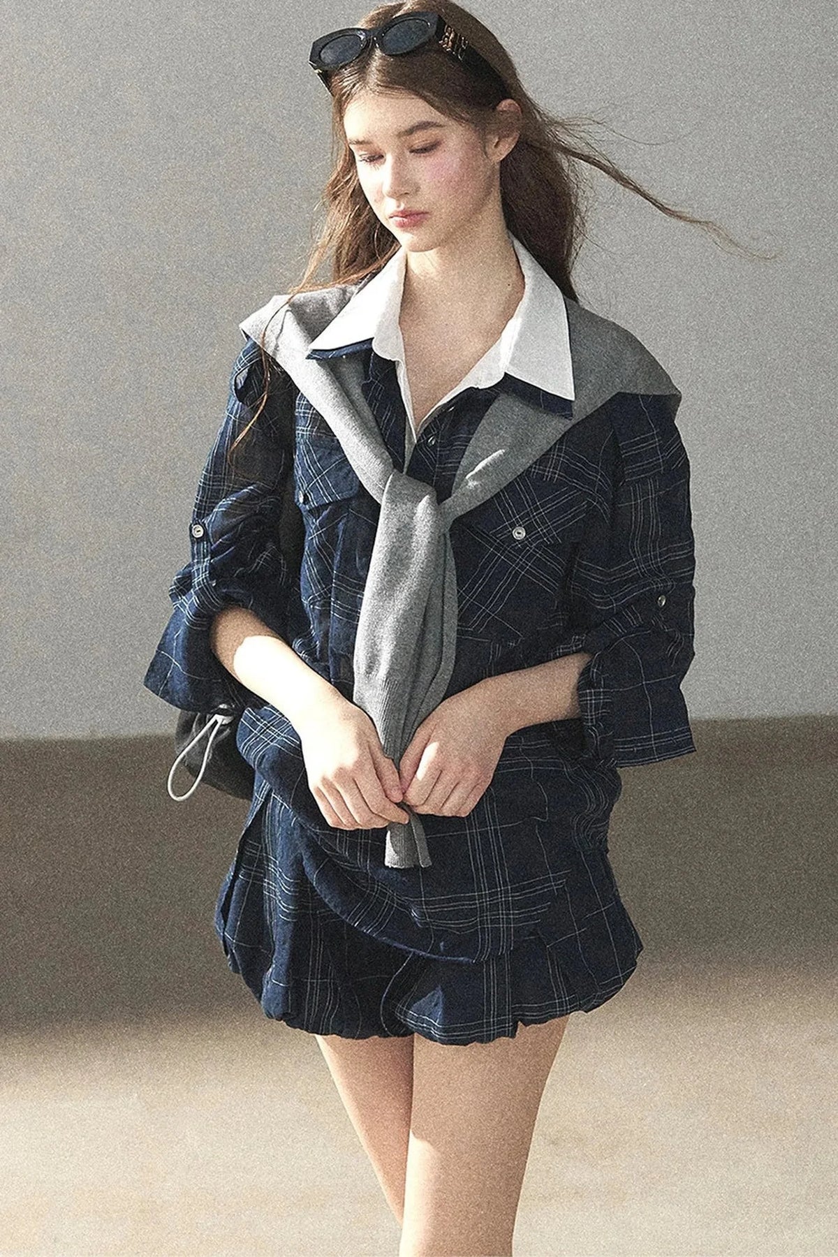 Plaid Layered-Look Shirt And Shorts Set-Up