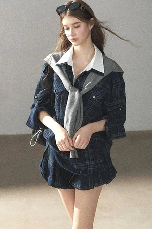 Plaid Layered-Look Shirt And Shorts Set-Up