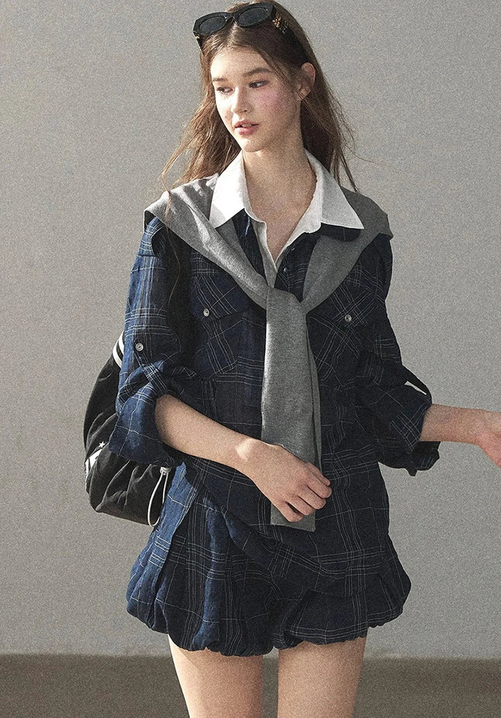 Plaid Layered-Look Shirt And Shorts Set-Up