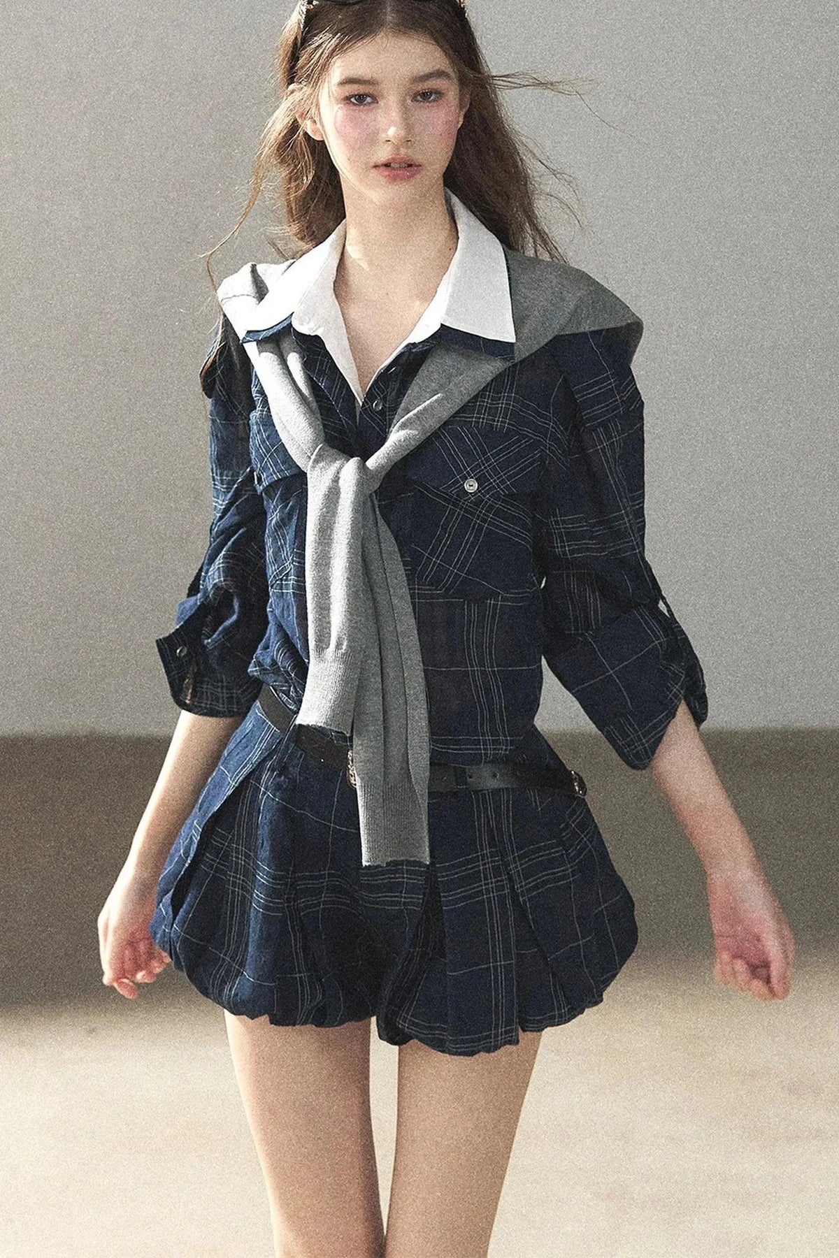 Plaid Layered-Look Shirt And Shorts Set-Up